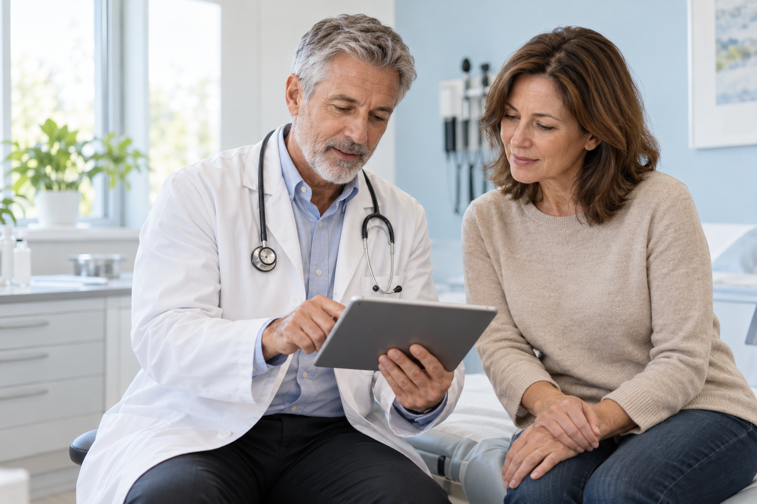 Profesional de la salud y paciente revisando información durante una consulta